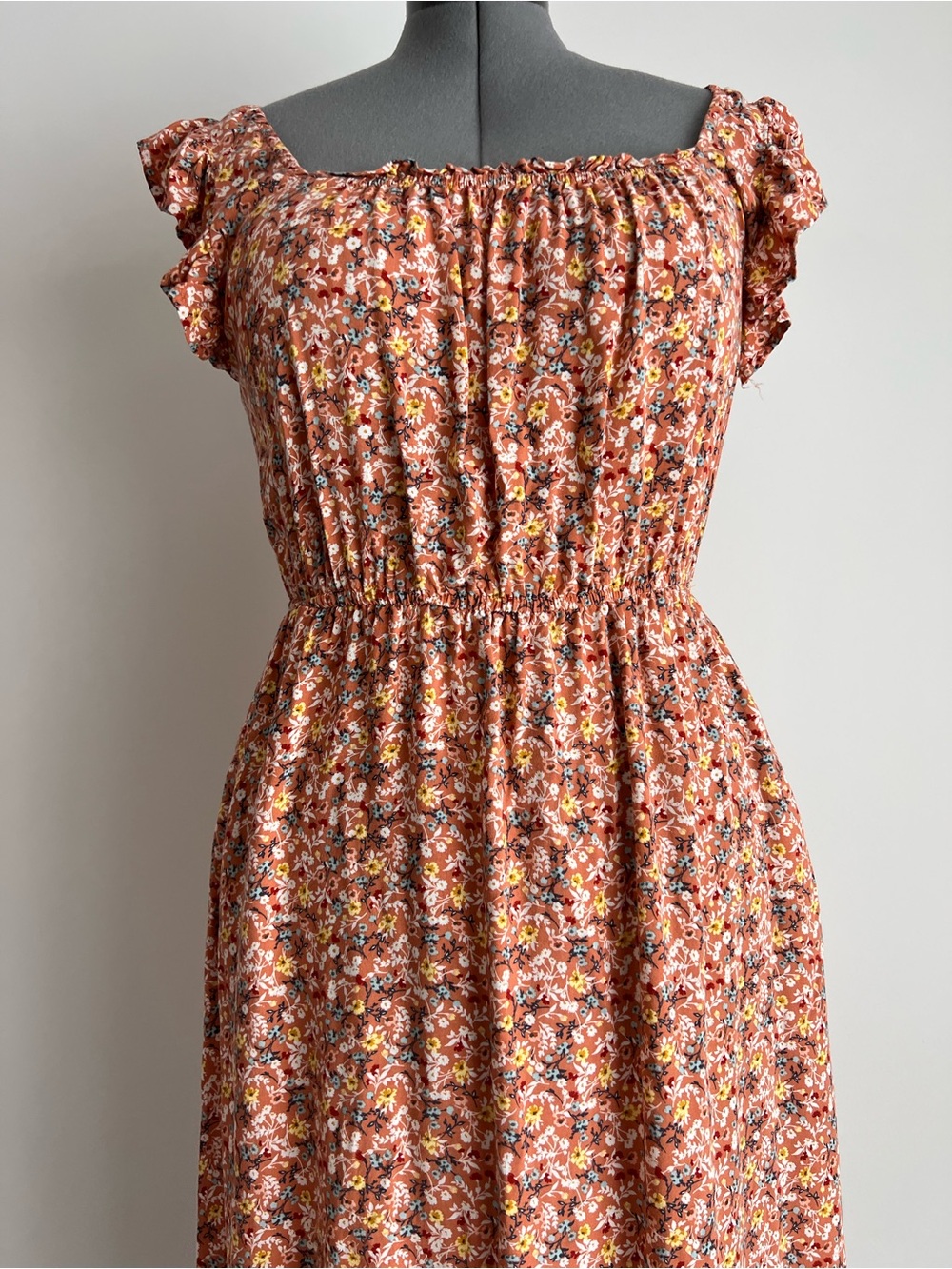 Rust Floral Frill Midi Dress with Yellow and Black Accents